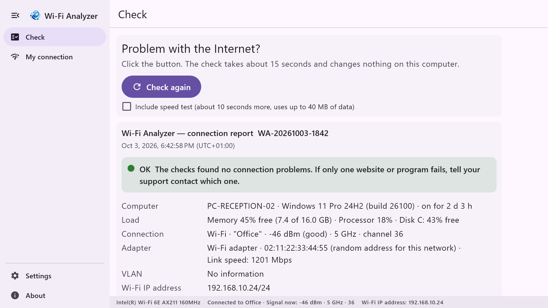 LINCROCORE Wi-Fi Analyzer for Windows Check screen with a demonstration connection report