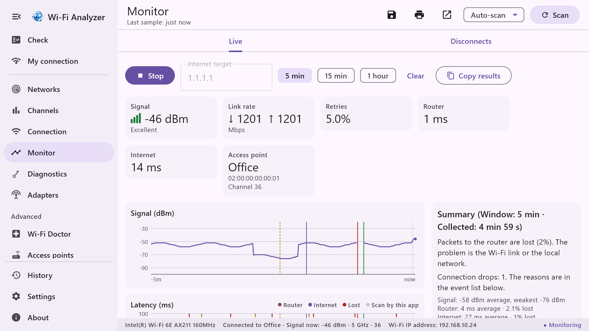LINCROCORE Wi-Fi Analyzer for Windows Monitor screen with a demonstration quality timeline