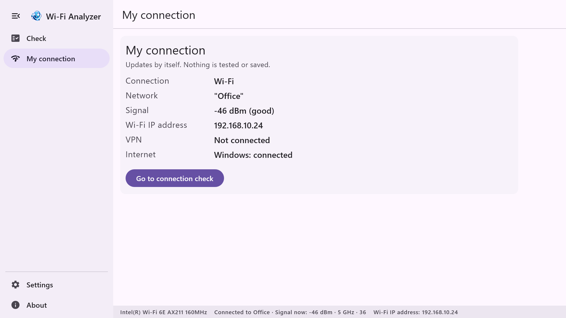 LINCROCORE Wi-Fi Analyzer for Windows My connection screen with demonstration network details