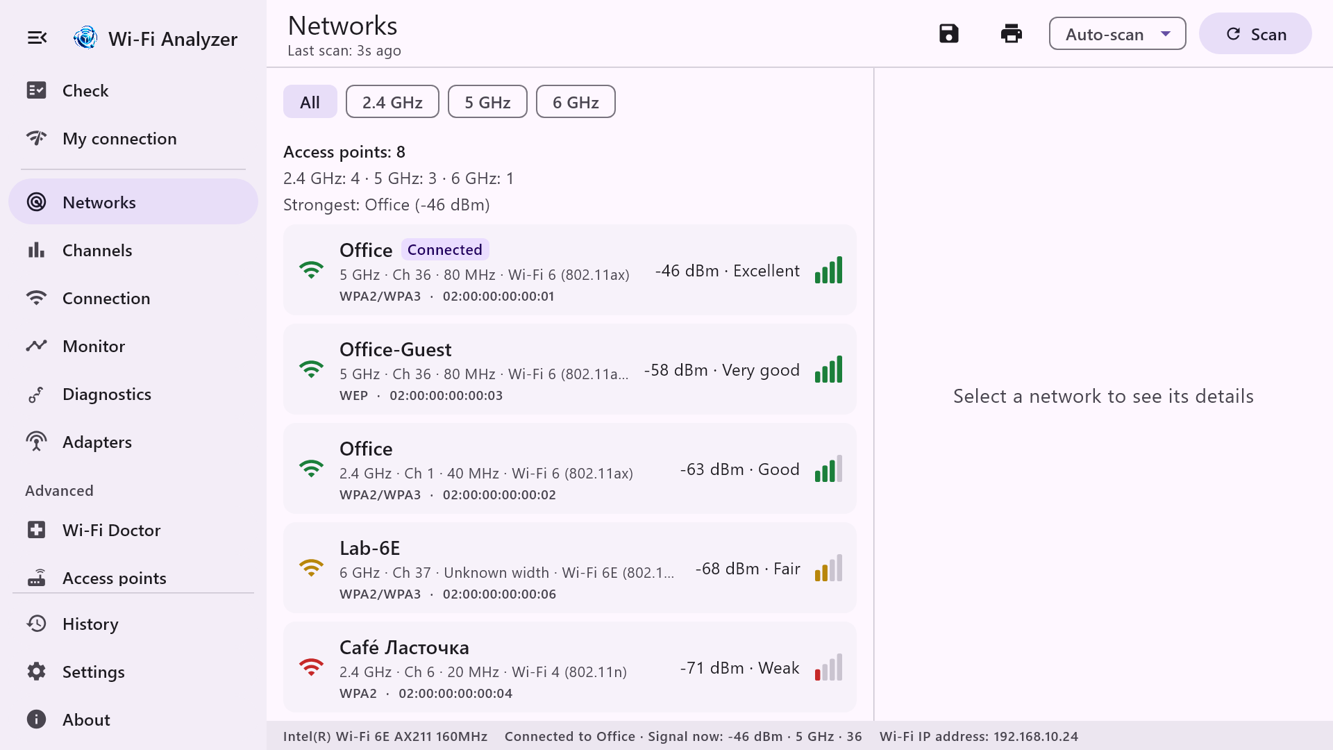 LINCROCORE Wi-Fi Analyzer for Windows Networks screen showing fictional demonstration Wi-Fi networks