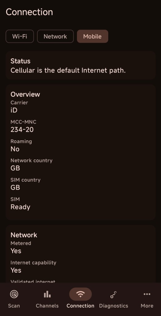 Wi-Fi Analyzer mobile connection information screen