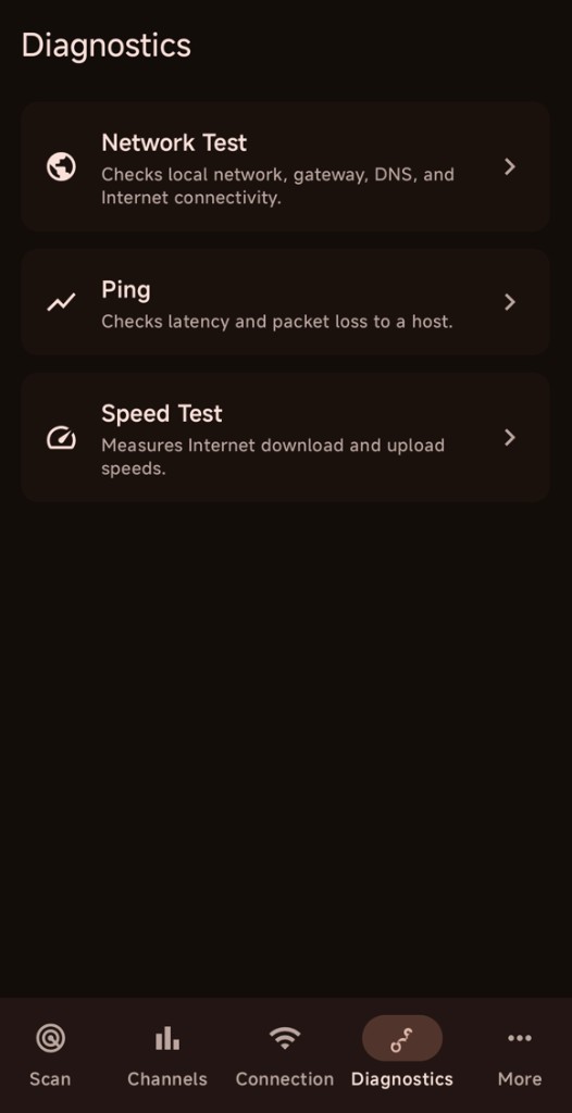 Wi-Fi Analyzer diagnostics screen with Network Test, Ping, and Speed Test tools