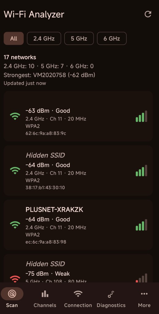 Wi-Fi Analyzer network scanner showing nearby Wi-Fi networks and signal information